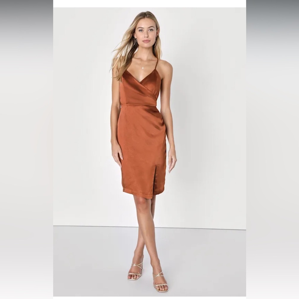 NWT- Hot Night Out Bronze-Copper Satin Surplice Faux-Wrap Dress